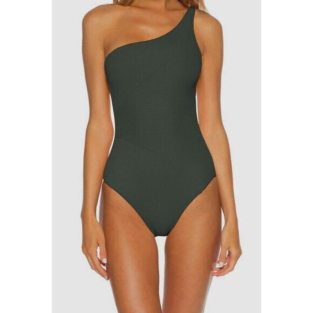 Becca Adeline One Shoulder Rib One Piece Swimsuit Green Adjustable Sz M New